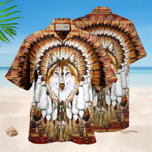 American Native Wolf Feather Hawaiian Shirt For Patriotic Events, Summer Travel, And Casual Outdoor Wear