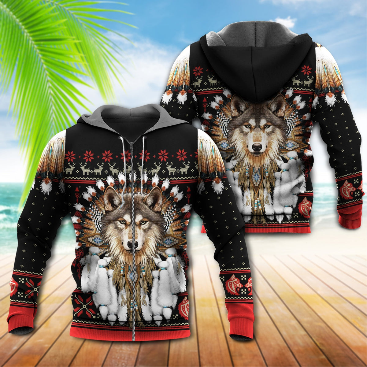 Native Red Black Wolf Headdress Hoodie For Heritage Events Weekend Outings And Comfortable Streetwear