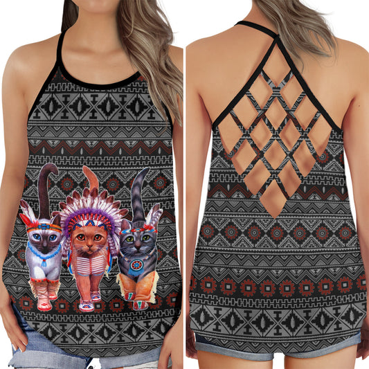 Tribal Cat Heritage Spirit Hollow Tank Top For Yoga Workouts And Festival Wear