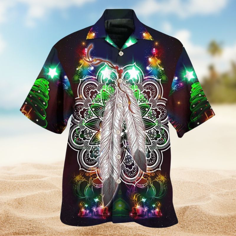 Native Feather Mandala Christmas Hawaiian Shirt For Summer Vacation, Beach Travel, And Casual Wear