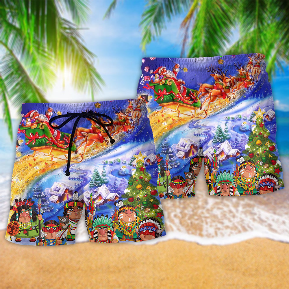 Funny Native Style Christmas Night Beach Shorts Pattern View For Resort Days And Outdoor Activities