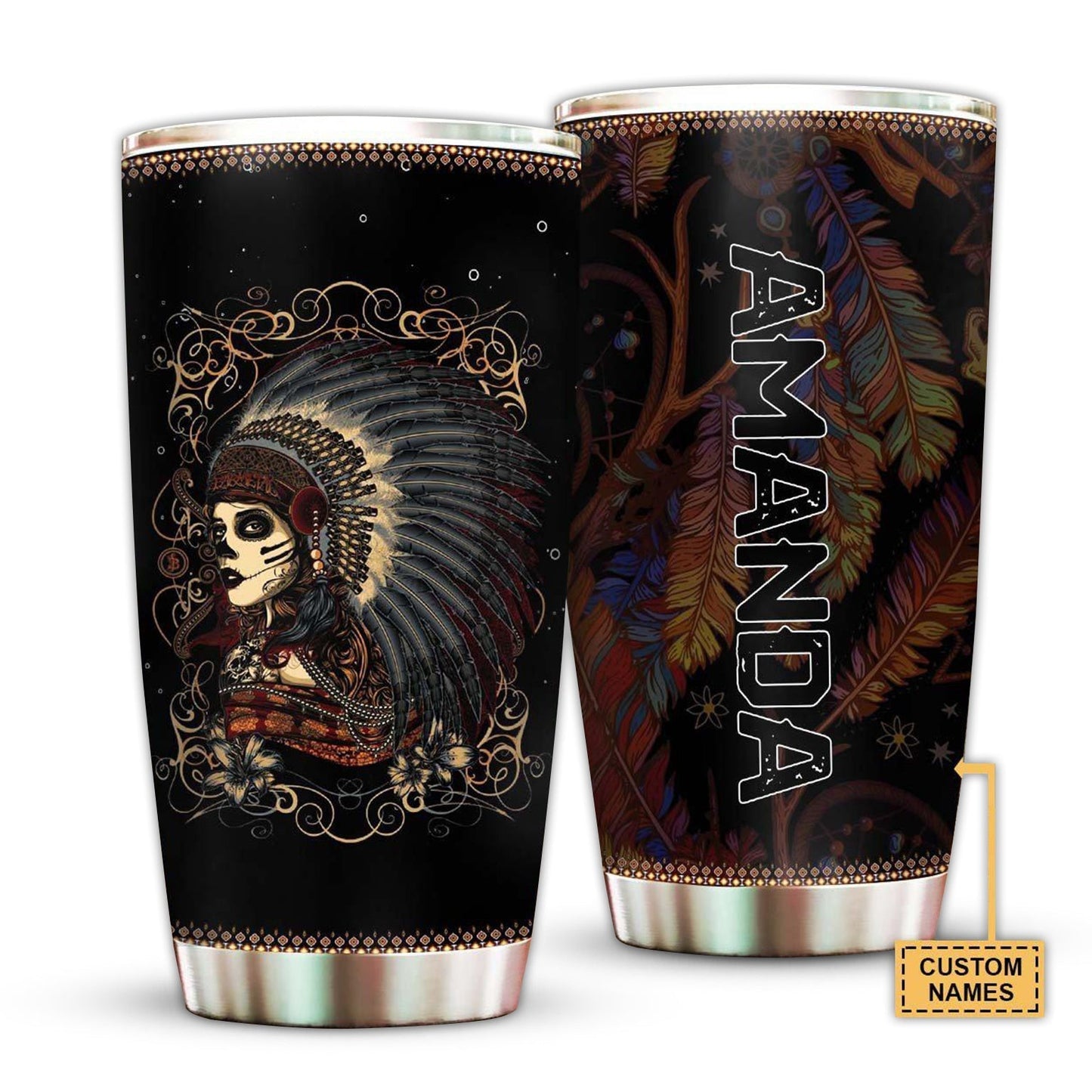 Native Girl And Floral With Dark Personalized 20 Oz Tumbler For Coffee Travel And Daily Drinks