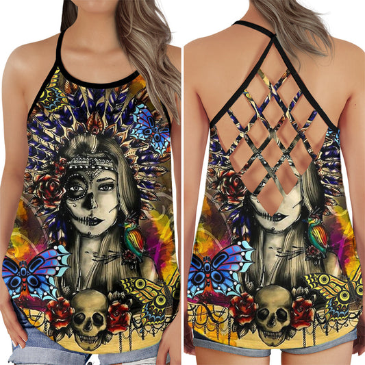 Native Girl Skull Bold Spirit Hollow Tank Top For Workouts Festivals And Bold Style