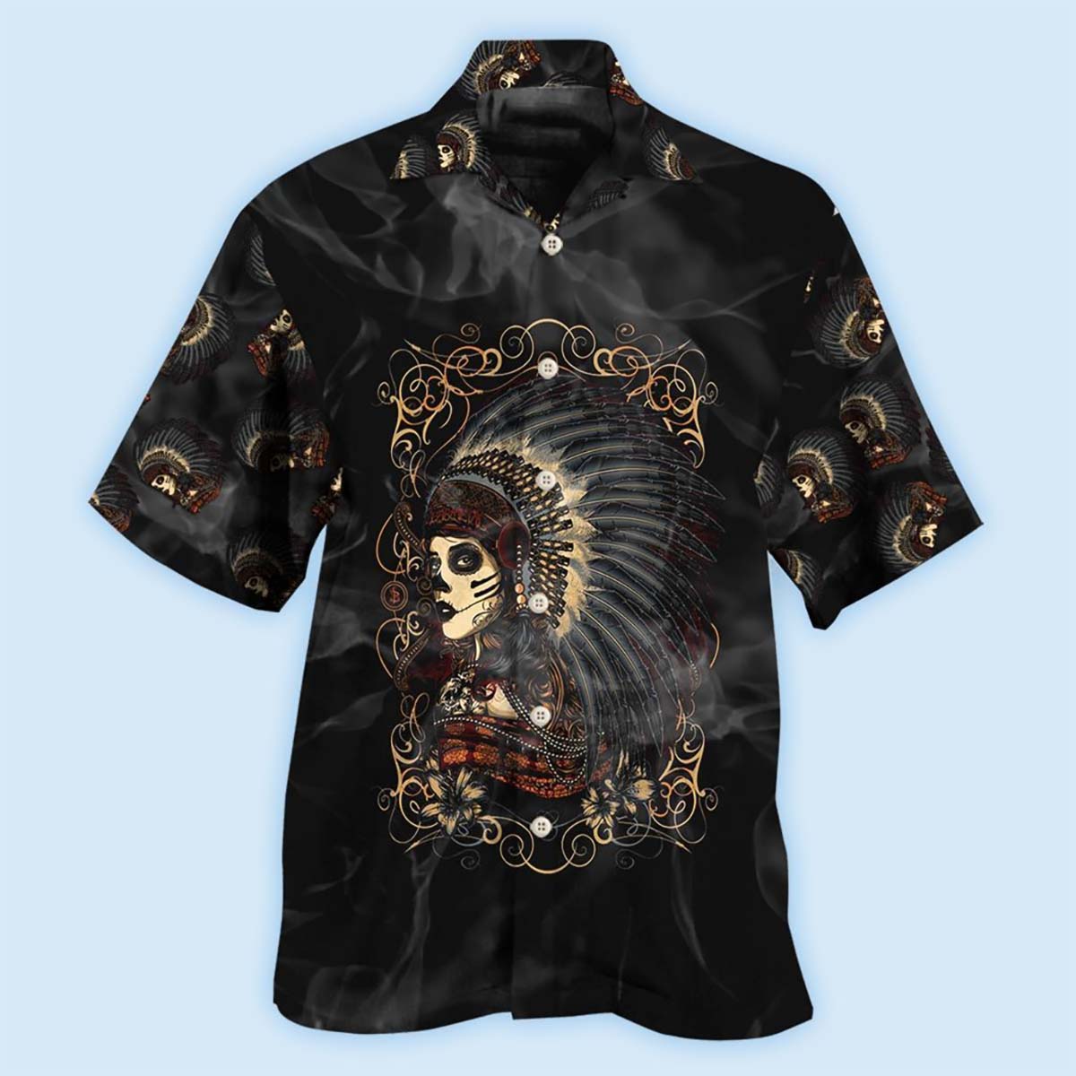 Bohemian Dark Skull Girl Hawaiian Shirt Pattern View For Lightweight Everyday Style