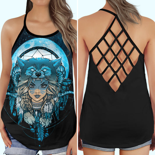 Native Girl Blue Wolf Dreamcatcher Hollow Tank Top For Yoga Workouts And Festival Wear