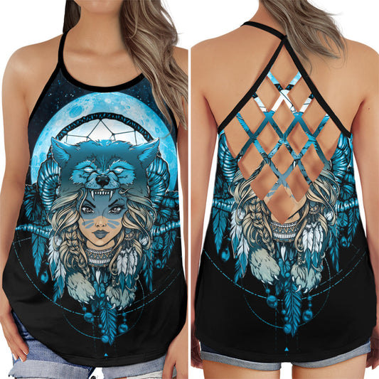 Blue Wolf Dreamcatcher Spirit Hollow Tank Top For Yoga Workouts And Festival Wear