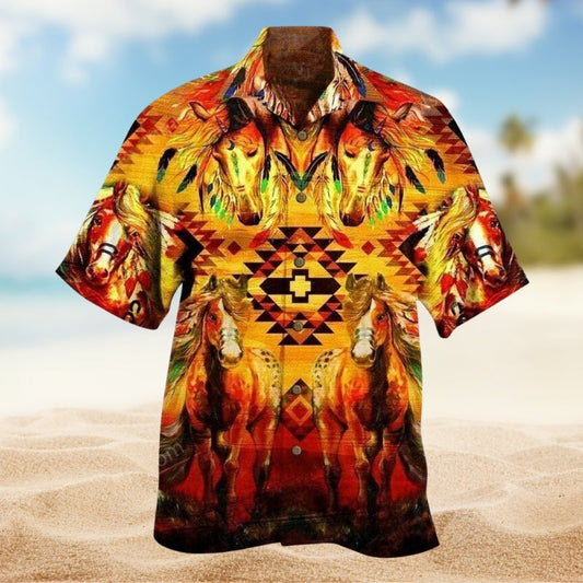 Native Horse Peace Sunset Hawaiian Shirt For Island Vacations, Weekend Events, And Relaxed Everyday Outfits