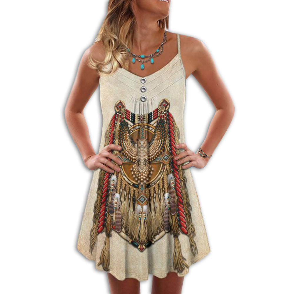 Native Owls V-Neck Sleeveless Cami Dress For Weekend Travel And Expressive Casual Fashion