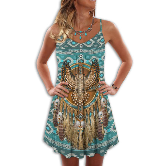 Native Owls Blue Summer Pattern – Women's Summer Sleeveless V-Neck Camisole Dress