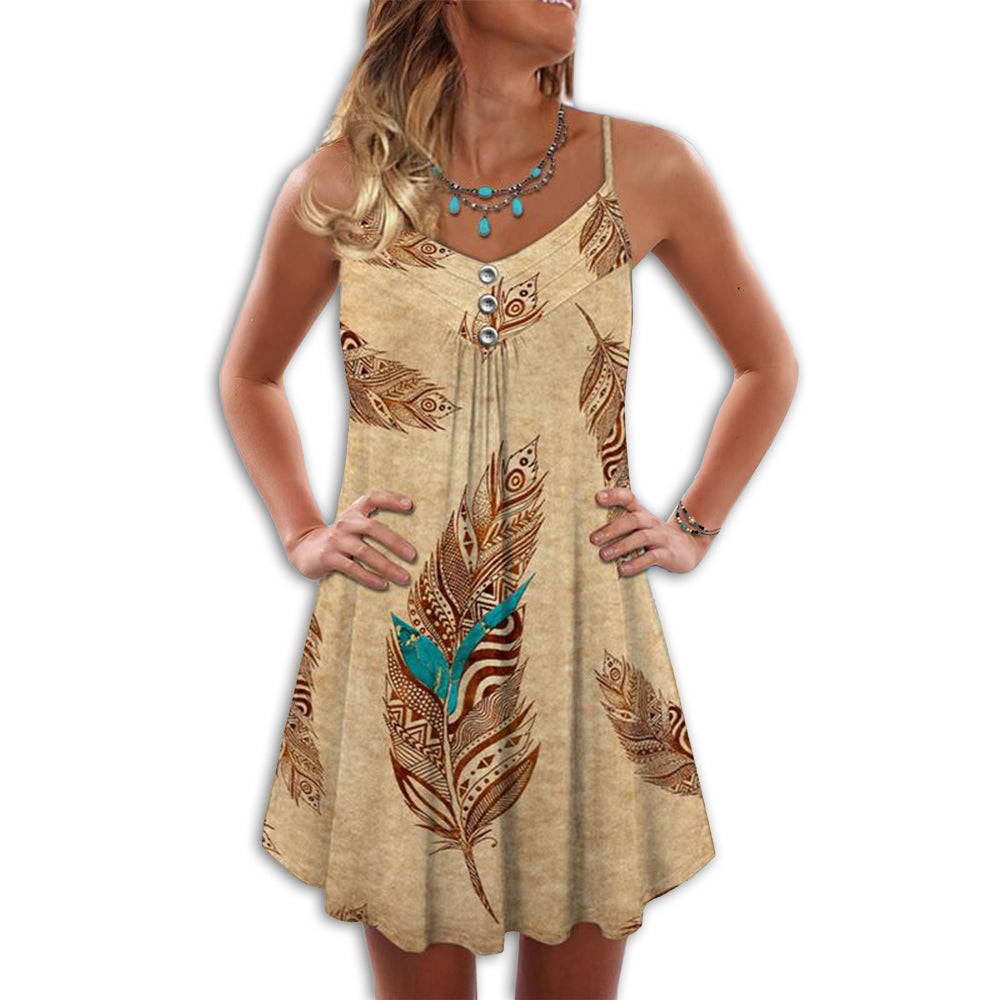 Native Peaceful Feather V-Neck Sleeveless Cami Dress For Parties And Relaxed Everyday Styling