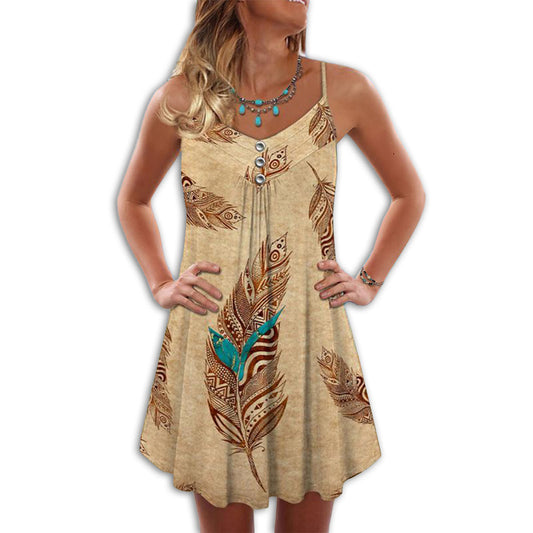 Native Peaceful Feather V-Neck Sleeveless Cami Dress For Parties And Relaxed Everyday Styling