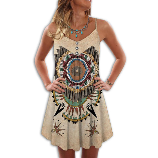 Native Peaceful Old V-Neck Sleeveless Cami Dress For Weekend Travel And Expressive Casual Fashion