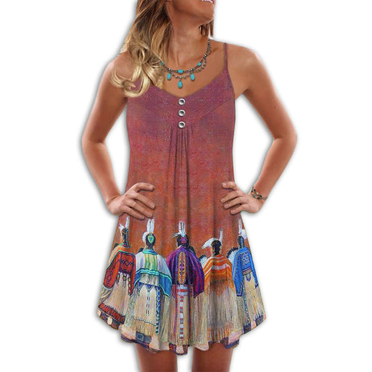 Native Summer Vibes Pink – Women's Summer Sleeveless V-Neck Camisole Dress