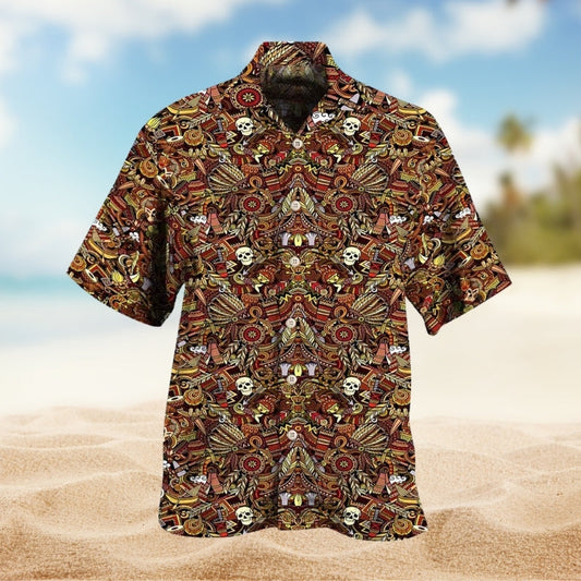 Native Skull Pattern Hawaiian Shirt For Creative Adventures, Beach Travel, And Bold Warm Weather Wear
