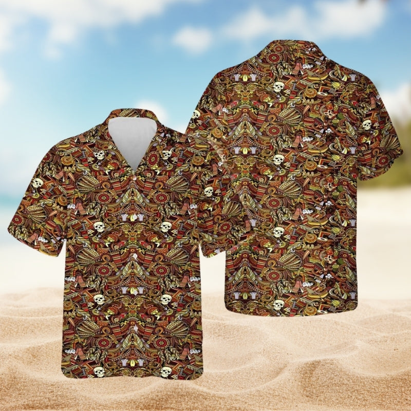 Native Skull Pattern Hawaiian Shirt For Creative Adventures, Beach Travel, And Bold Warm Weather Wear