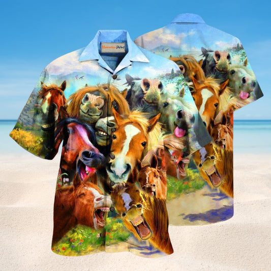 Laughing Horses Hawaiian Shirt For Coastal Adventures Outdoor Gatherings And Casual Warm Weather Wear