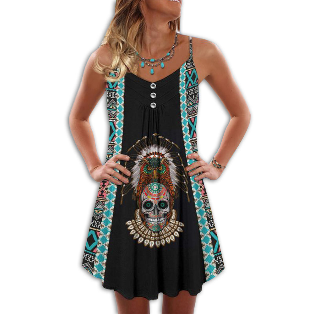 Native Skull V-Neck Sleeveless Cami Dress For Alternative Festivals And Bold Summer Style
