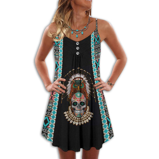 Native Skull Summer Pattern – Women's Summer Sleeveless V-Neck Camisole Dress