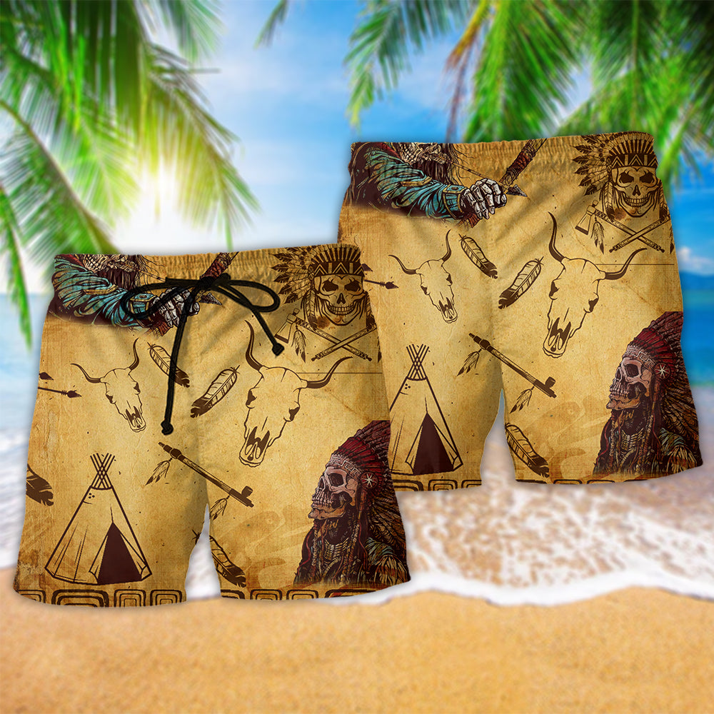 Southwestern Skull Feather Warrior Beach Shorts Pattern Detail For Coastal Leisure And Travel Ready Comfort