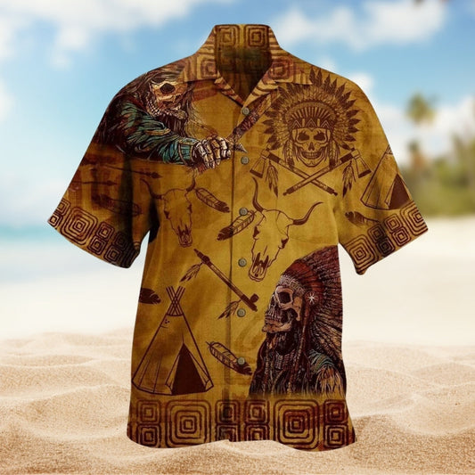 Native Skull War Hawaiian Shirt For Island Vacations, Resort Wear, And Relaxed Seasonal Style