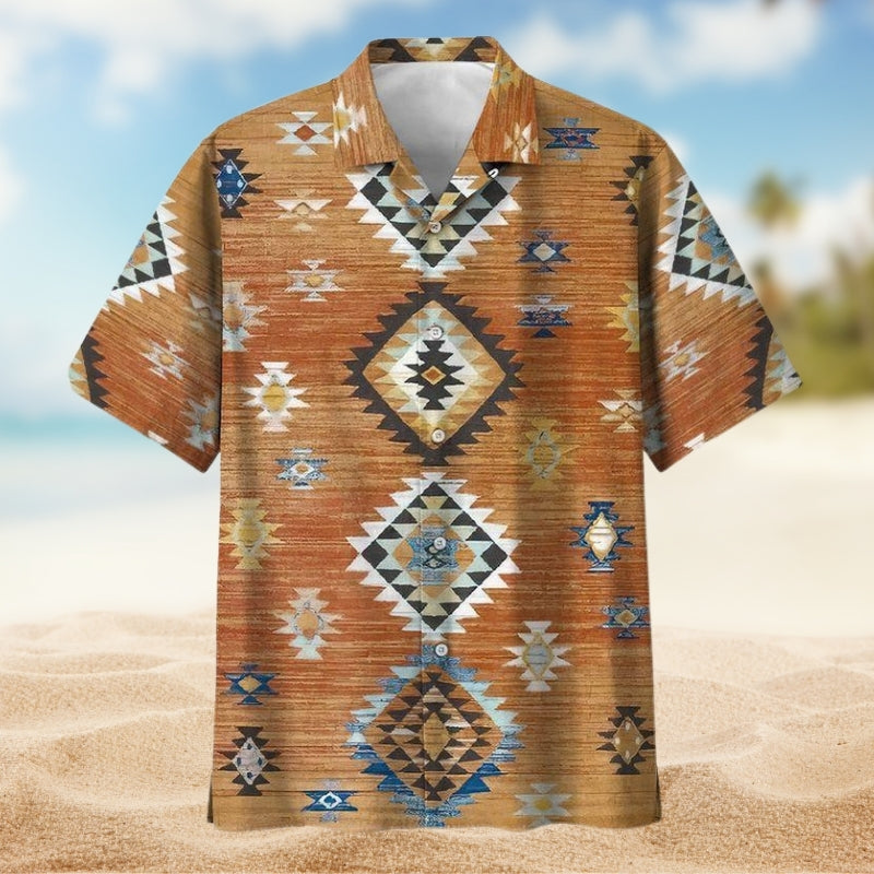 Southwestern Geometric Peace Hawaiian Shirt For Tropical Retreat, Coastal Festival, And Easygoing Fashion