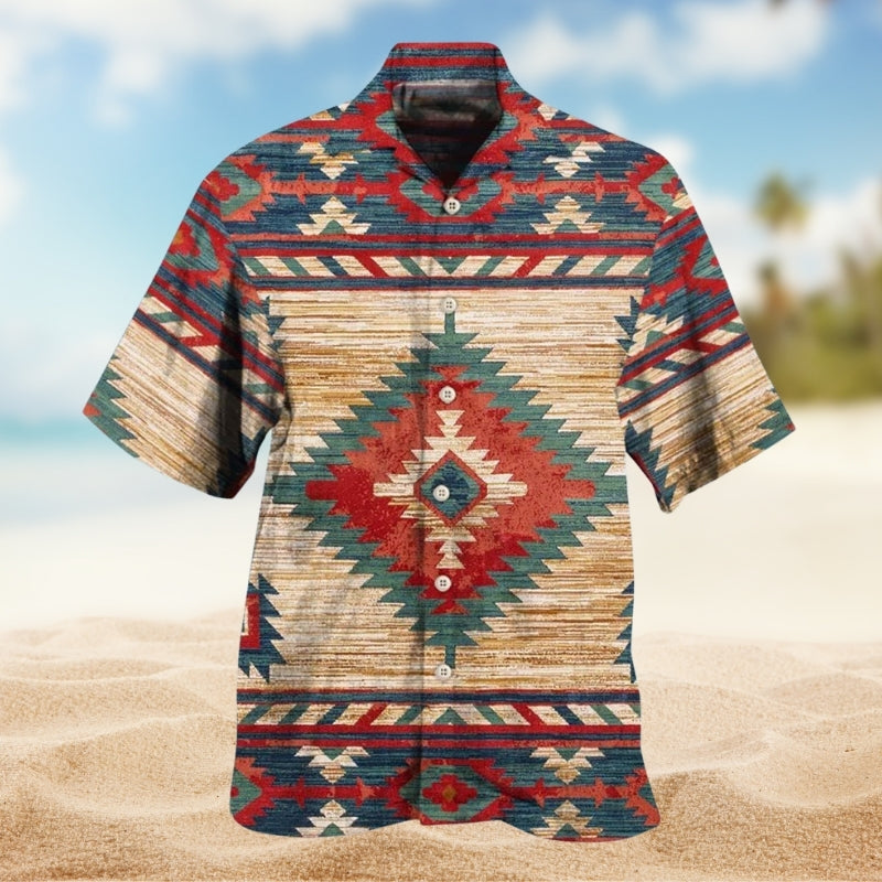 Southwestern Geometric Peace Hawaiian Shirt For Warm Weather Outing, Summer Gathering, And Comfortable Travel Wear