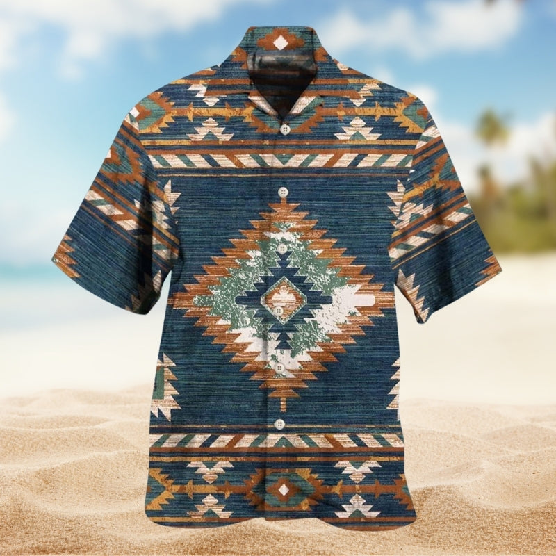 Southwestern Geometric Peace Hawaiian Shirt For Outdoor Event, Island Adventure, And Casual Wear