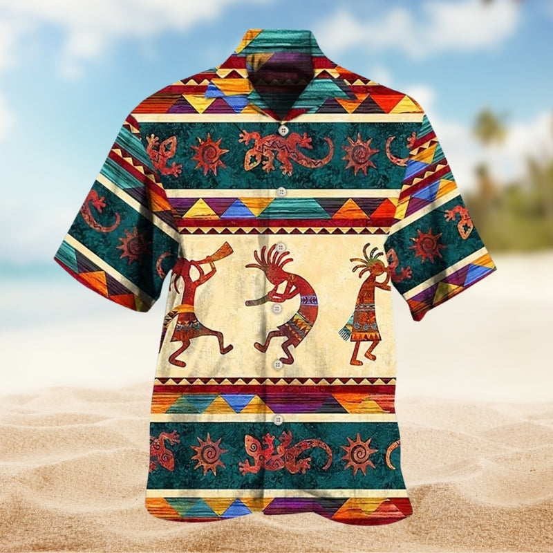 Southwestern Geometric Peace Hawaiian Shirt For Resort Holiday And Coastal Casual Wear