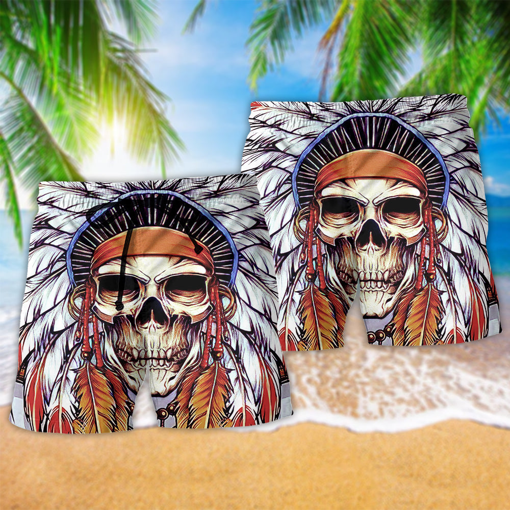 Native Style Skull Feather Love Peace Beach Shorts For Summer Vacation And Coastal Travel