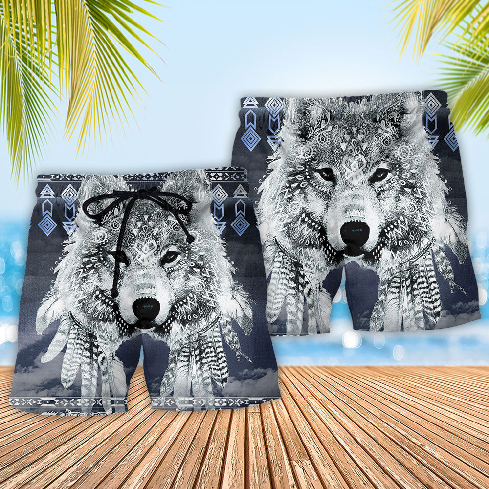 Southwestern Peace Wolf Beach Shorts Pattern Detail For Outdoor Activities And Bright Summer Outfits