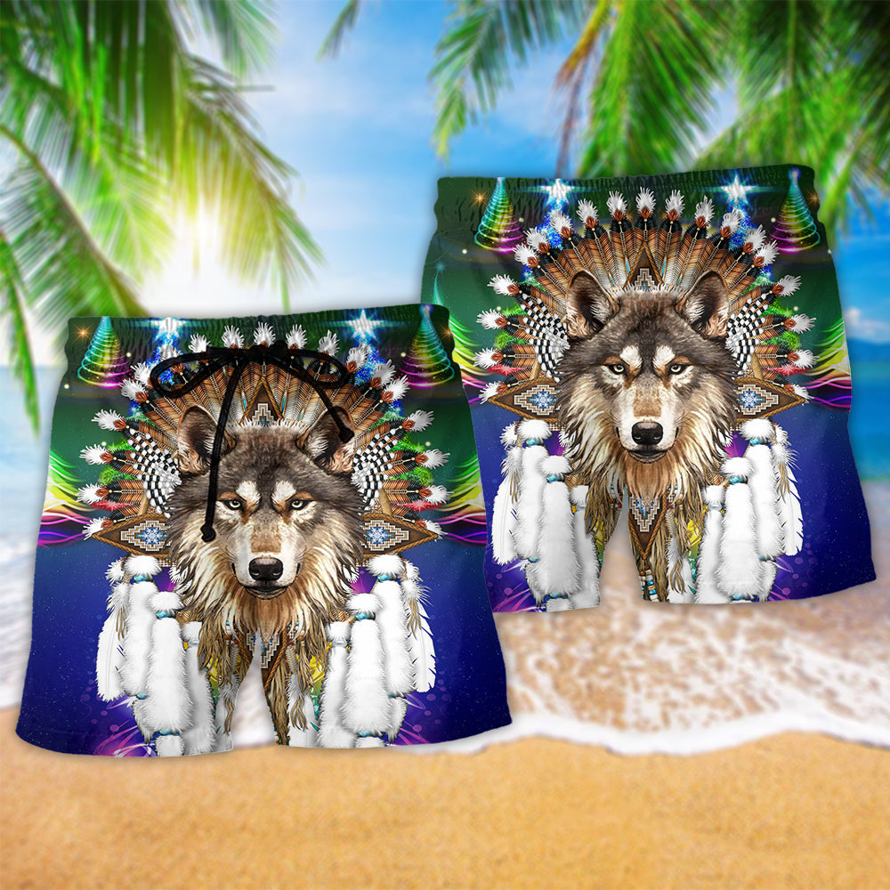 Southwestern Wolf Merry Christmas Winter Beach Shorts Pattern Detail For Casual Outings And Leisure And Relaxation