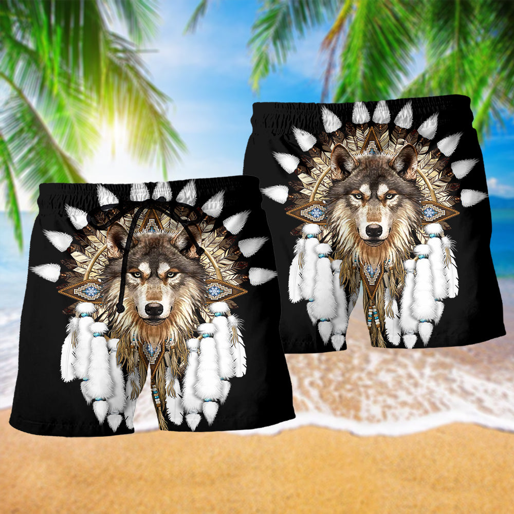 Nature Spirit Wolf Black Tribal Beach Shorts For Animal Lovers And Summer Vacation Style