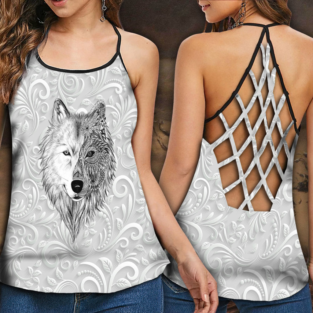 Wolf Black And White Pattern Hollow Tank Top For Yoga Workouts And Casual Wear