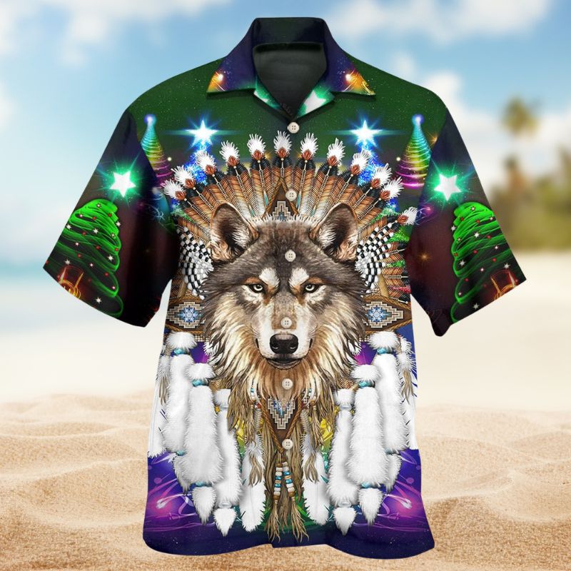 Native Wolf Christmas Hawaiian Shirt For Island Vacations, Resort Wear, And Relaxed Seasonal Style