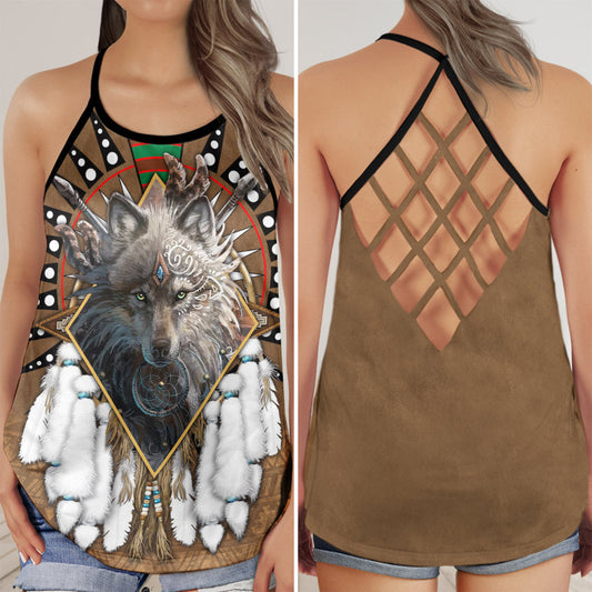 Wolf Dreamcatcher Pattern Spiritual Hollow Tank Top For Yoga Workouts And Festival Wear
