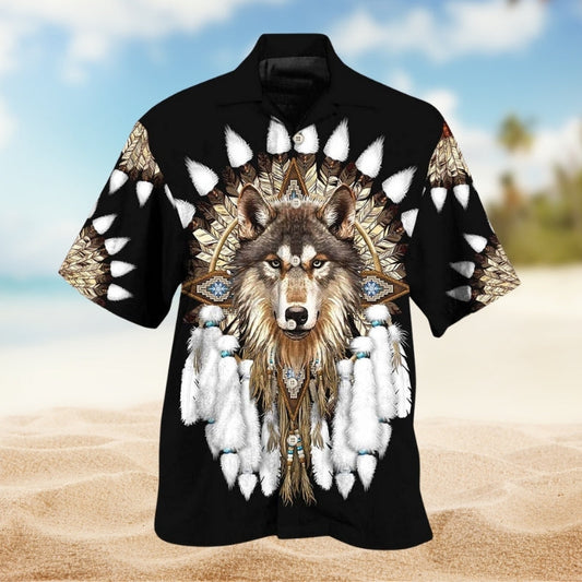 Native Wolf Hawaiian Shirt For Animal Lovers, Beach Travel, And Casual Summer Style