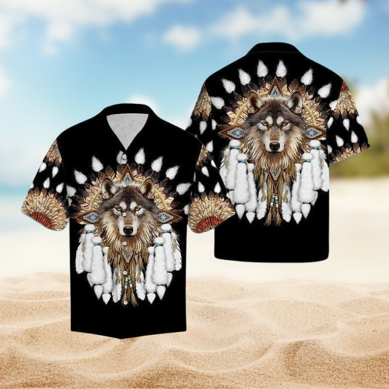 Native Wolf Hawaiian Shirt For Animal Lovers, Beach Travel, And Casual Summer Style