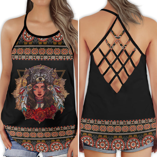 Wolf And Woman Rose Wild Bond Hollow Tank Top For Yoga Practice And Summer Outings
