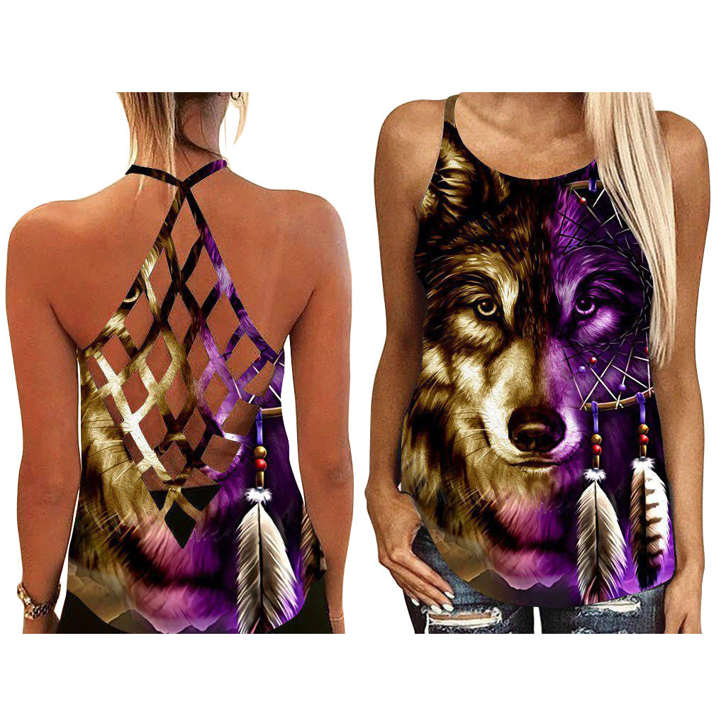 Purple Wolf Mystic Spirit Hollow Tank Top For Yoga Workouts And Festival Wear