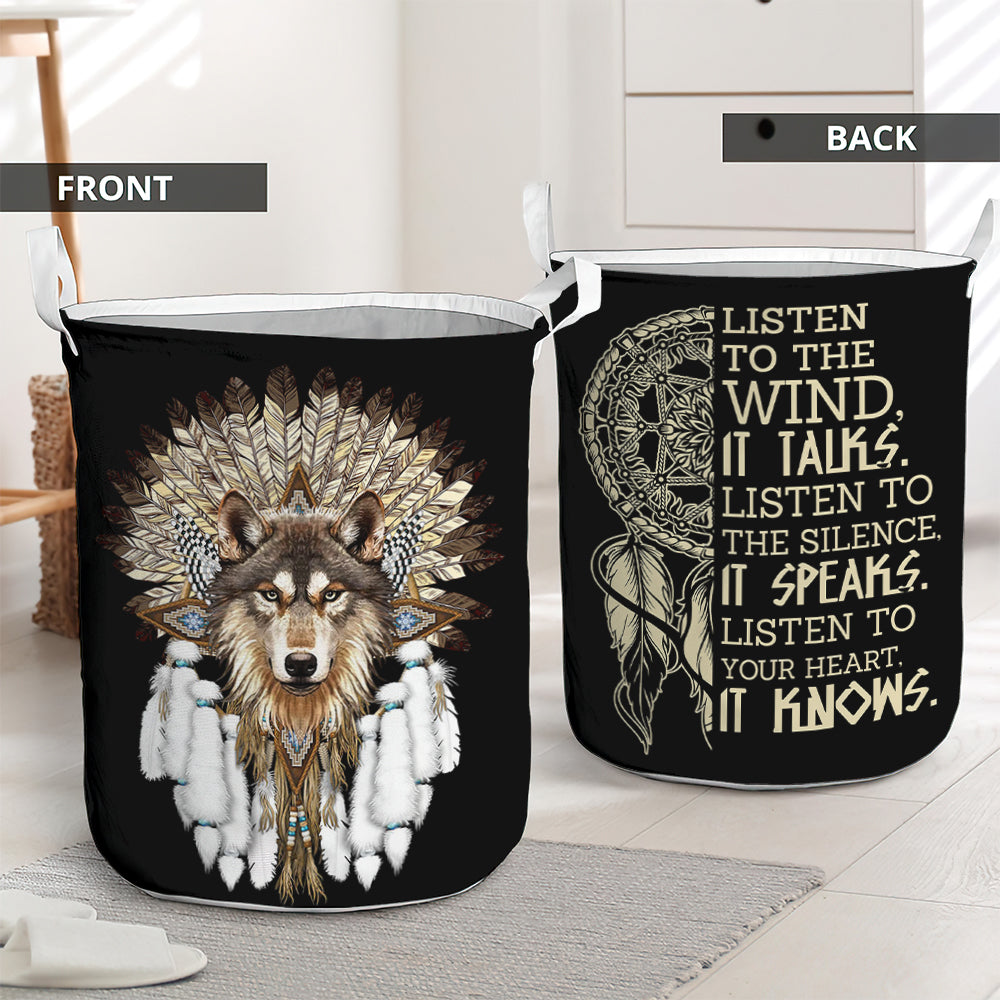 Native Wolf Listen To The Wind Laundry Basket For Bathroom Bedroom Storage