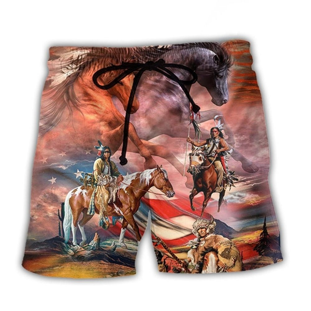 Native American Horse USA Flag Independence Day Beach Shorts Design Detail For Casual Warm Weather Outfits