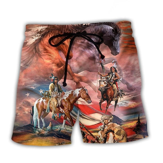 Native American Horse USA Flag Independence Day Beach Shorts Design Detail For Casual Warm Weather Outfits