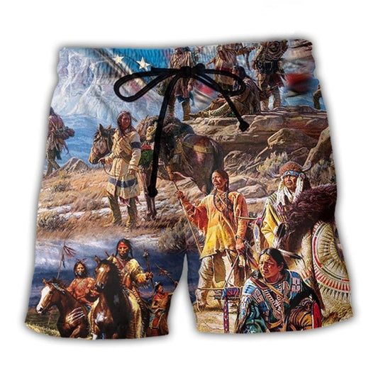 Native American USA Flag Independence Day Beach Shorts Pattern View For Vacation Travel And Outdoor Fun