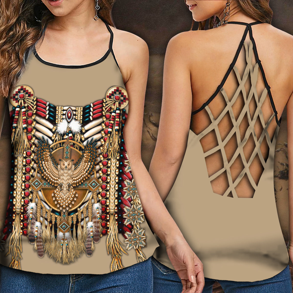 Native Owl Peace Pattern Hollow Tank Top For Yoga Workouts And Festival Wear