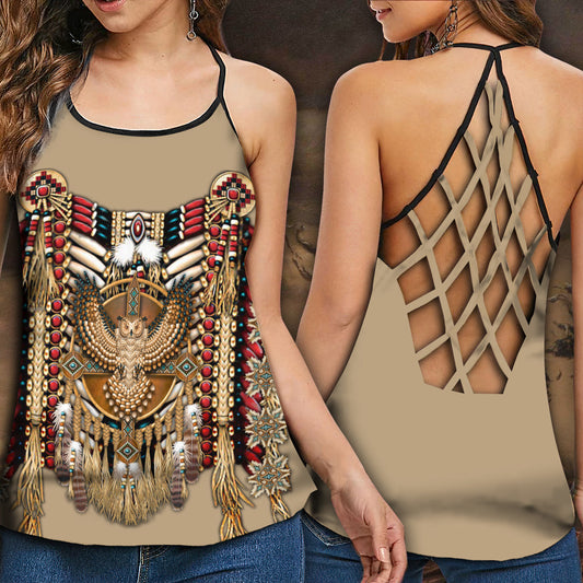 Native Owl Peace Pattern Hollow Tank Top For Yoga Workouts And Festival Wear