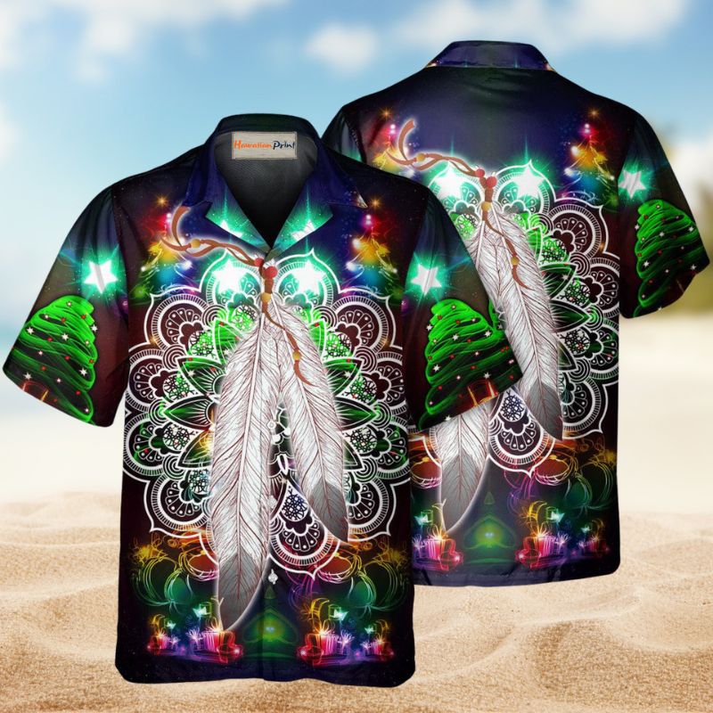 Native Feather Mandala Christmas Hawaiian Shirt For Summer Vacation, Beach Travel, And Casual Wear