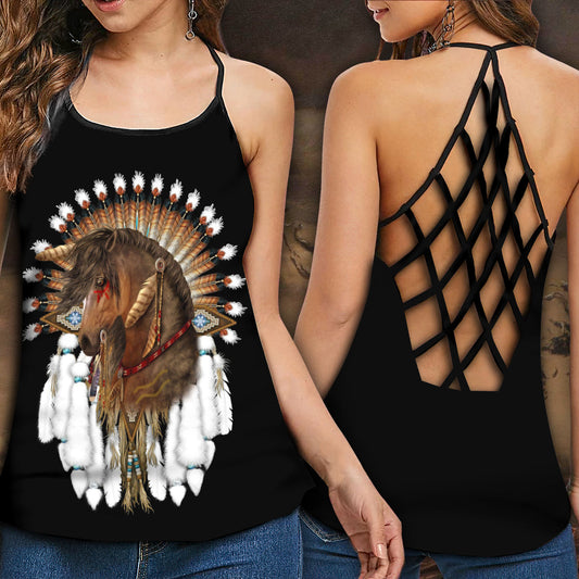 Native Horse Dream Black Hollow Tank Top For Yoga Workouts And Casual Wear