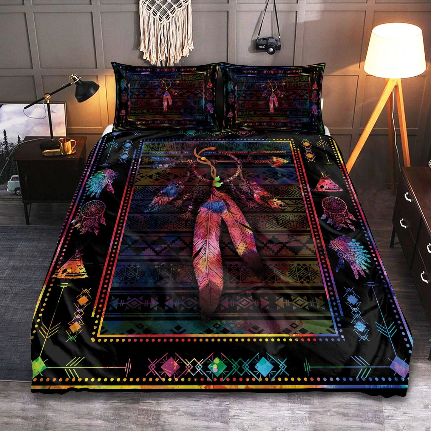 Native Dreamcatcher Feather Bedding Cover For Pet Lover Bedroom Decor