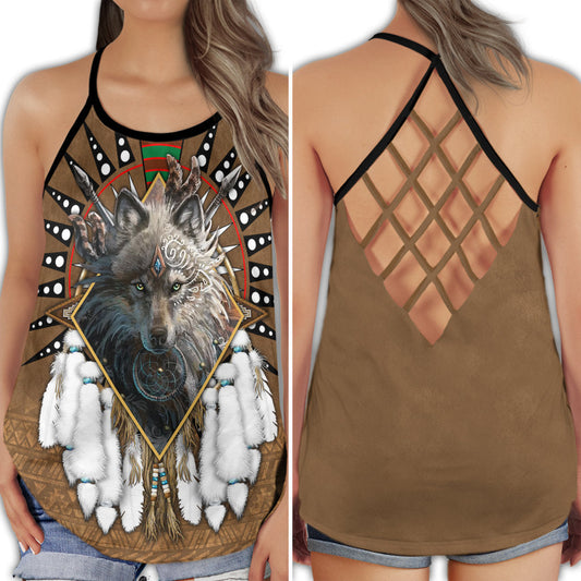 Native Wolf Dreamcatcher Brown Pattern Hollow Tank Top For Yoga Workouts And Festival Wear