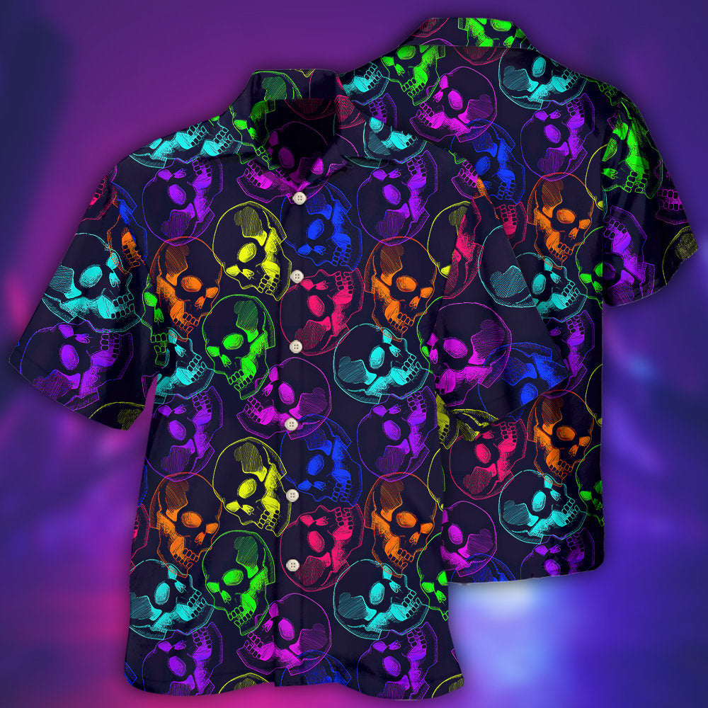 Modern Creative Neon Skull Hawaiian Shirt For Resort Trips, Coastal Parties, And Warm Weather Style